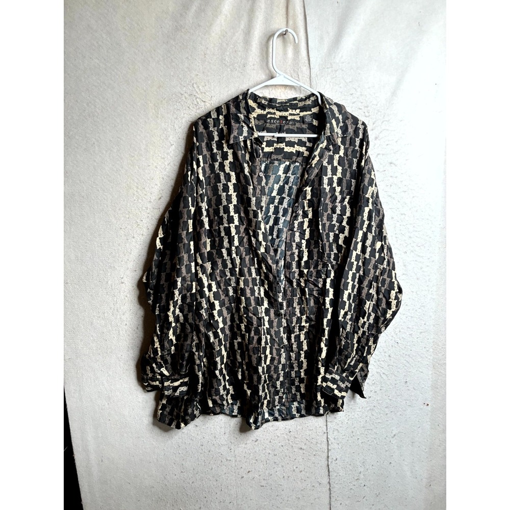 Excetera Casual Shirt Womens 1X Black Brown Geometric Silk Button-Up Top